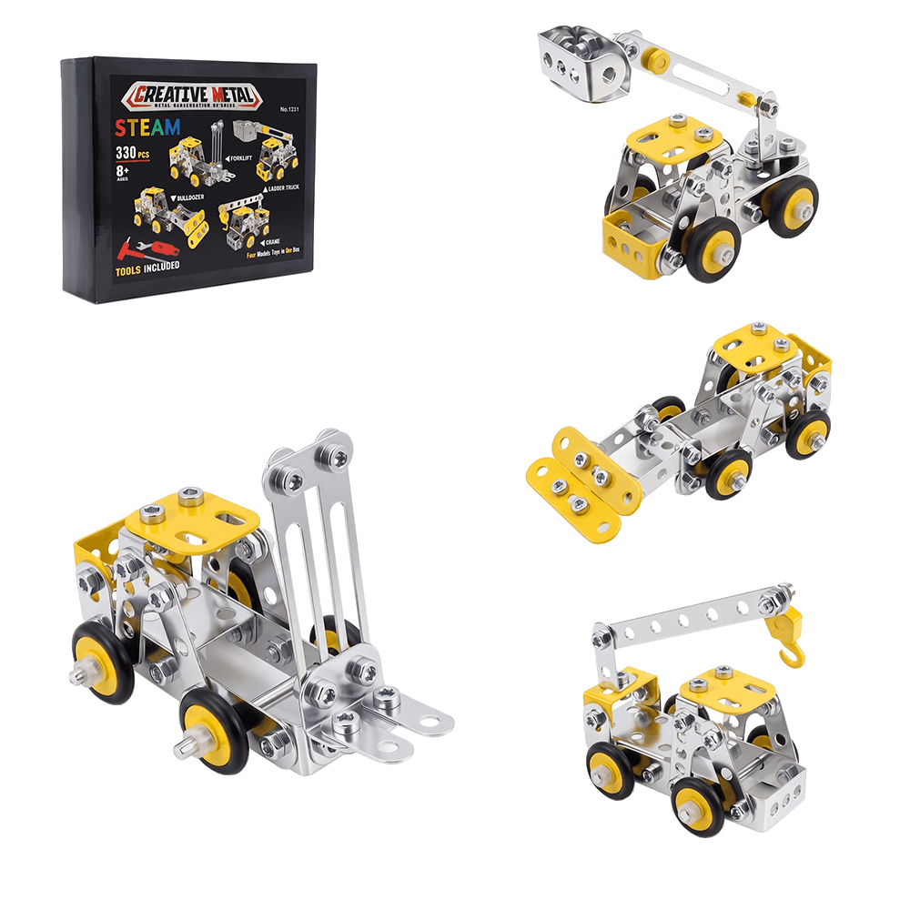 330PCS Metal Engineering Vehicle Building Toy Set, Includes 4 Vehicles, STEM Construction Kit for Kids Ages 8+ with Tools